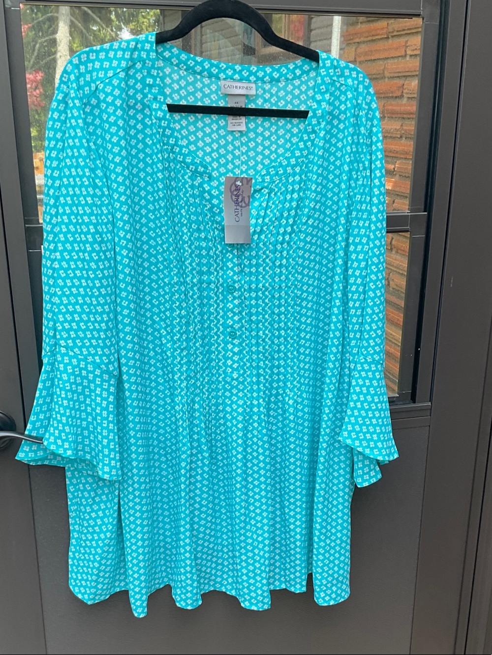 Catherines Teal with White Micro-Print Blouse